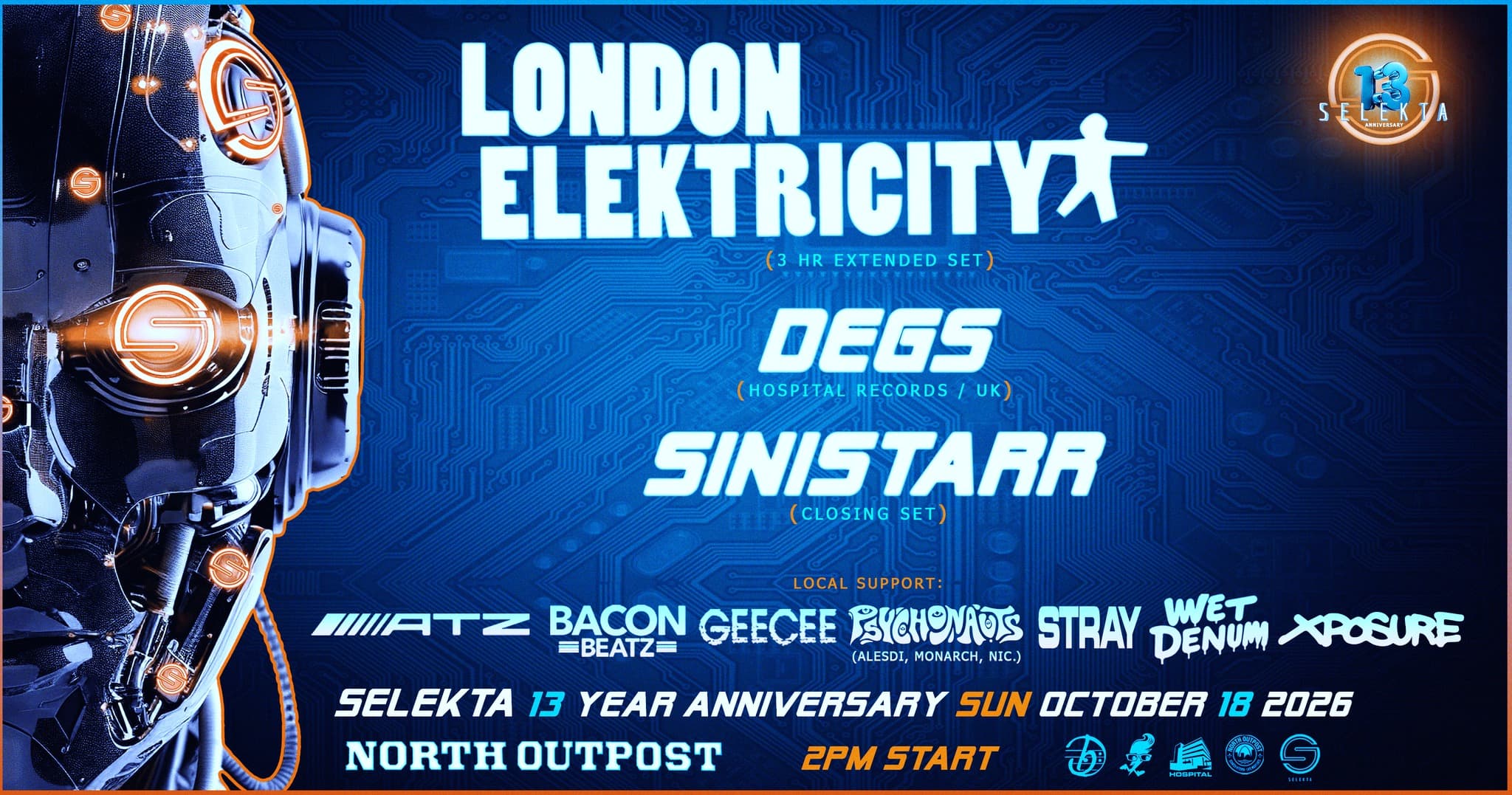 13 Years of Selekta w/ London Elektricity, Degs, & Sinistarr flyer